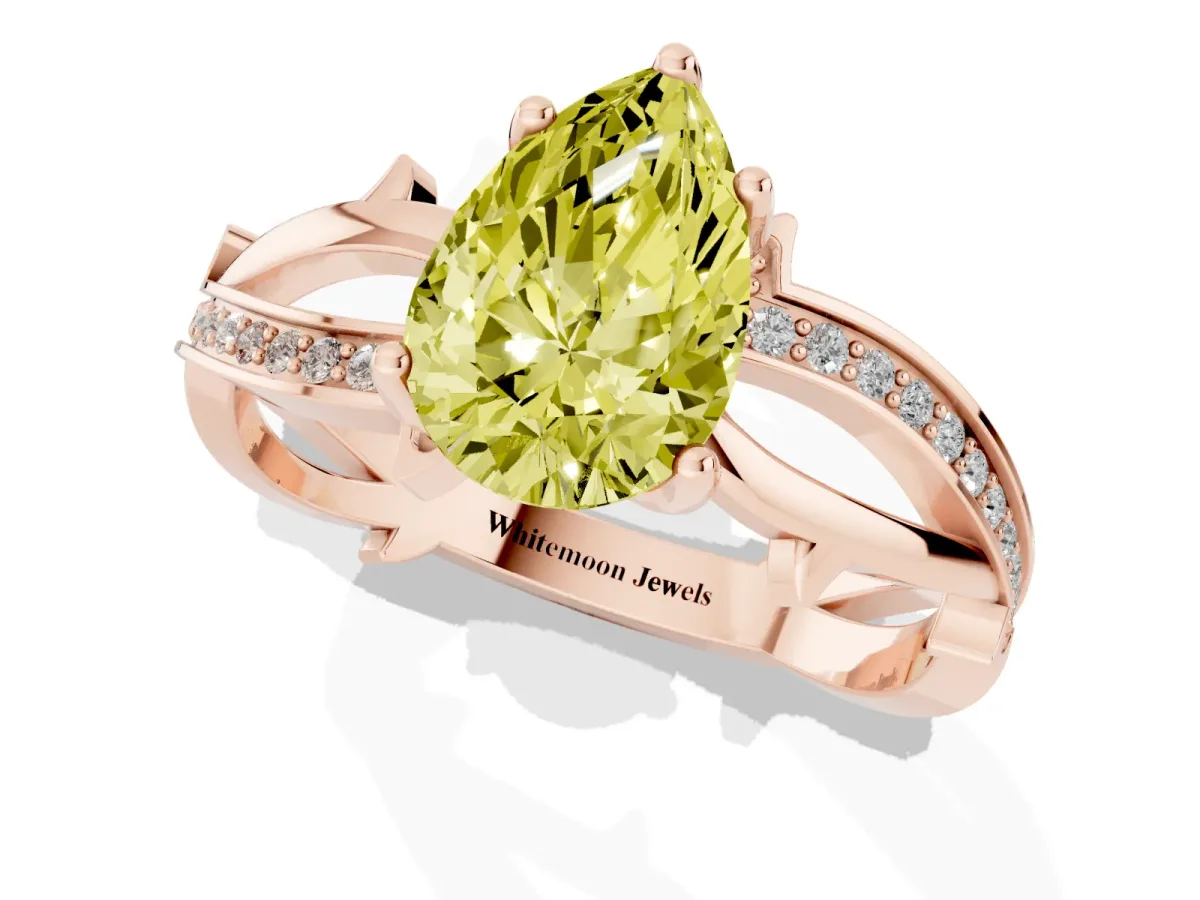 Fancy Yellow Pear Cut Solitaire Twist Band with Pavé Accents and Four-Prong Setting Rose gold