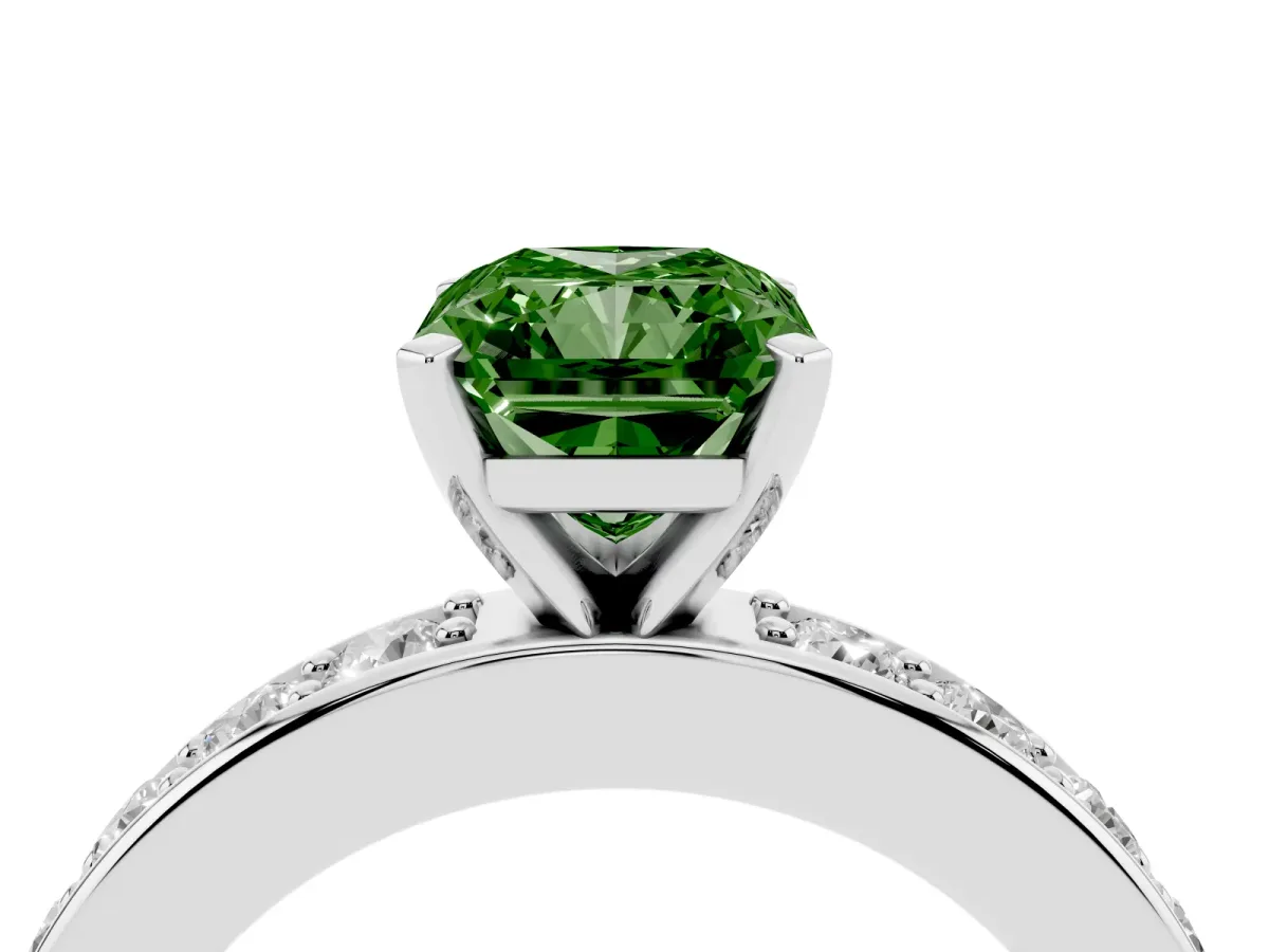 Fancy Green Radiant Cut Diamond Engagement Ring with Channel Set Round Band and Prong Setting Silver