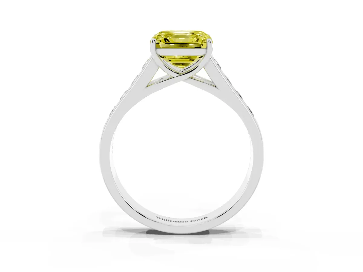 Fancy Yellow Asscher Cut Solitaire Channel-Set Diamond Engagement Ring with Four-Prong Setting Silver