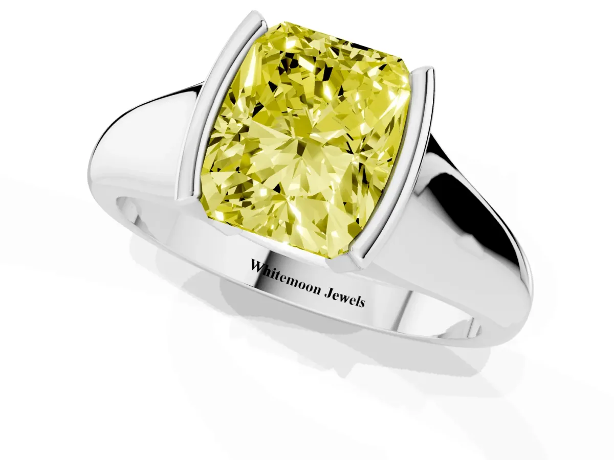 Fancy Yellow Radiant Cut Solitaire Tension Set Diamond Ring with Split Shank Band Silver