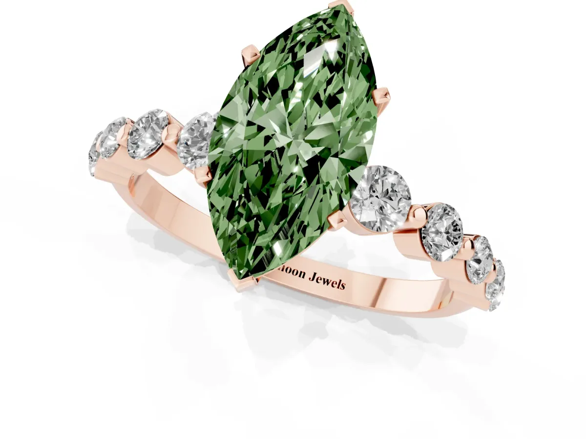 Fancy Green Marquise Cut Solitaire Diamond Ring with Pave Band and Four-Prong Setting Rose gold
