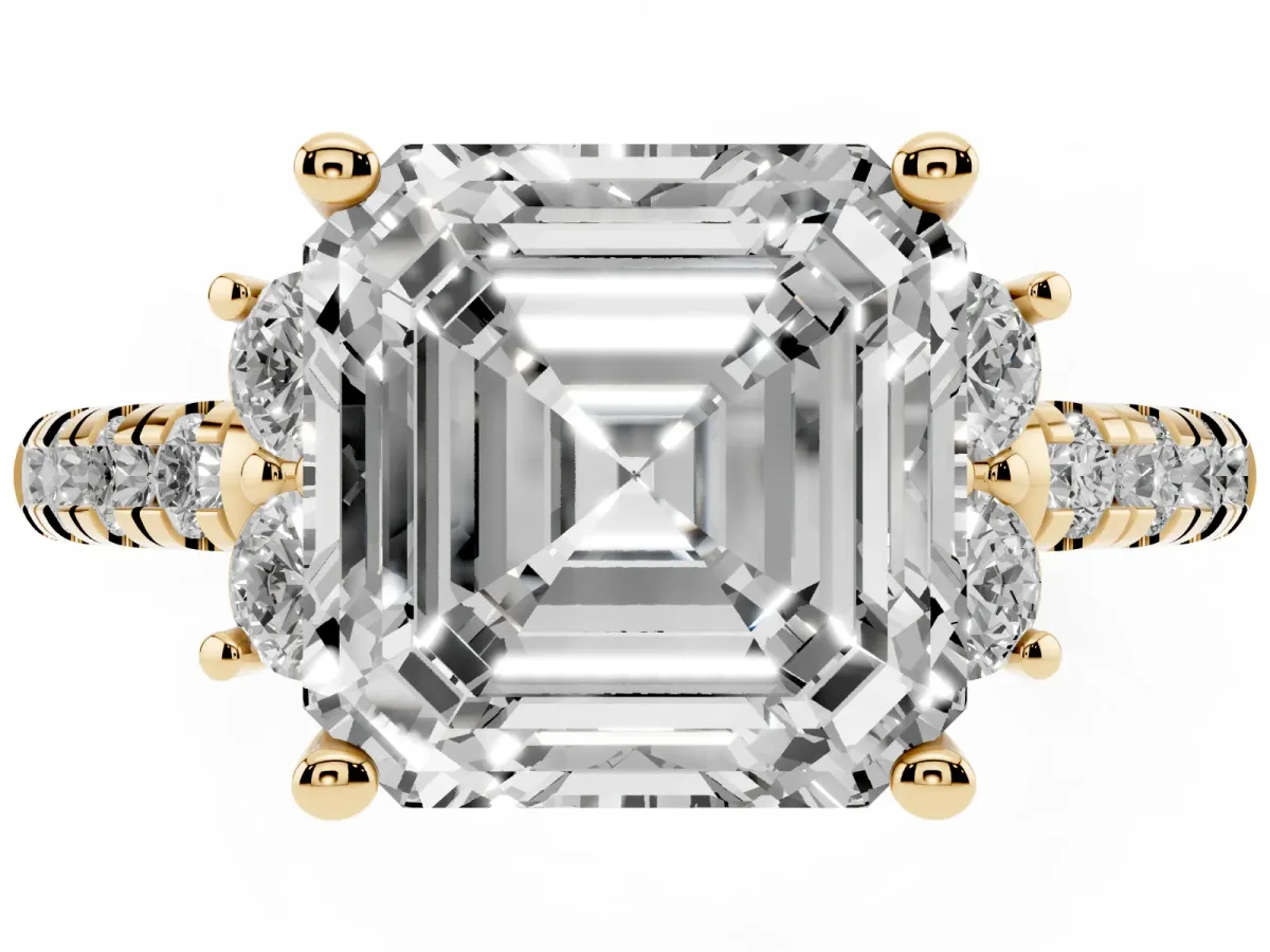 Asscher Cut Diamond Three-Stone Pave Band with Four-Prong Setting Yellow gold