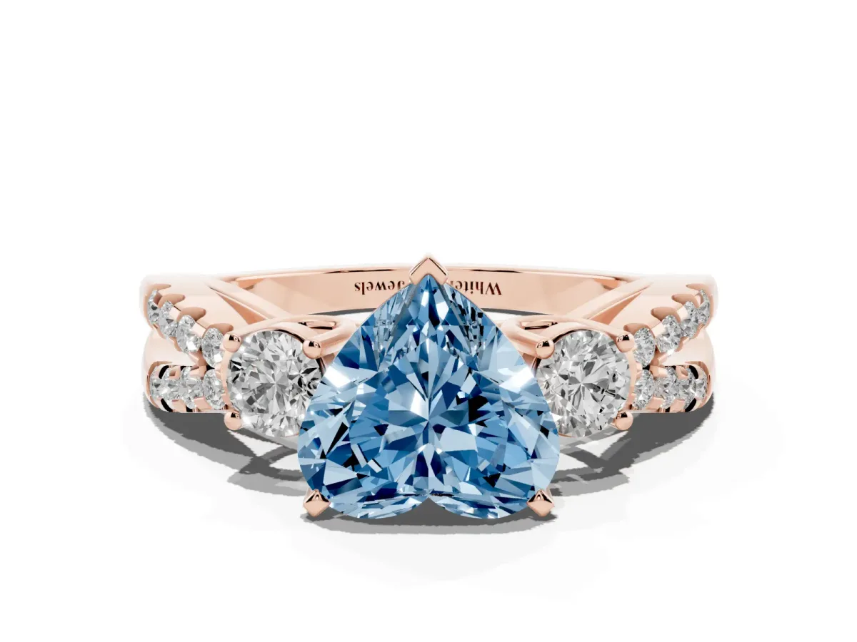 Fancy Blue Heart Cut Diamond Three-Stone Ring with Pavé Split Shank and Four-Prong Setting Rose gold