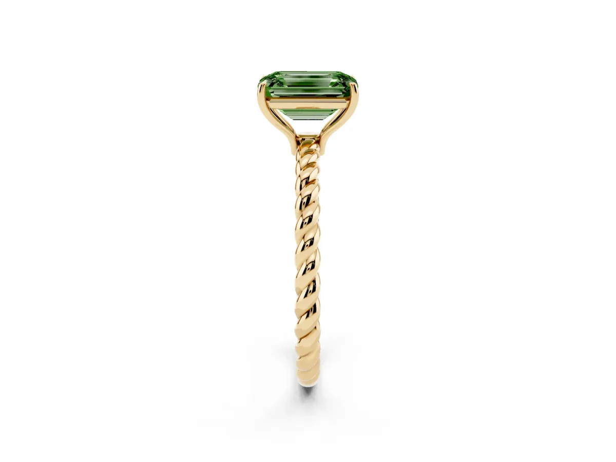 Fancy Green Emerald Cut Solitaire Twisted Band 4-Prong Ring Yellow gold