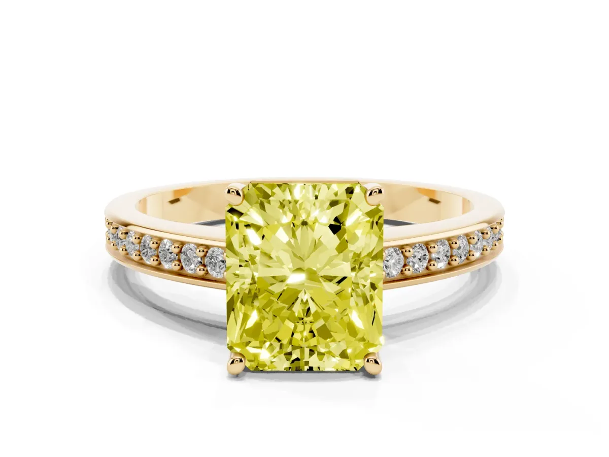 Fancy Yellow Radiant Cut Solitaire Pavé Band Prong Setting Ring Yellow gold