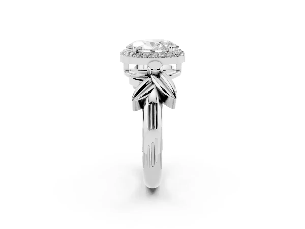 Oval Cut Halo Diamond Floral Band with Four-Prong Setting Silver