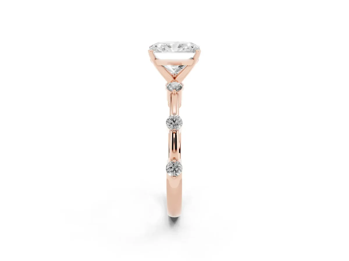 Radiant Cut Solitaire Diamond Ring with Bezel Set Side Stones and Prong Setting Rose gold