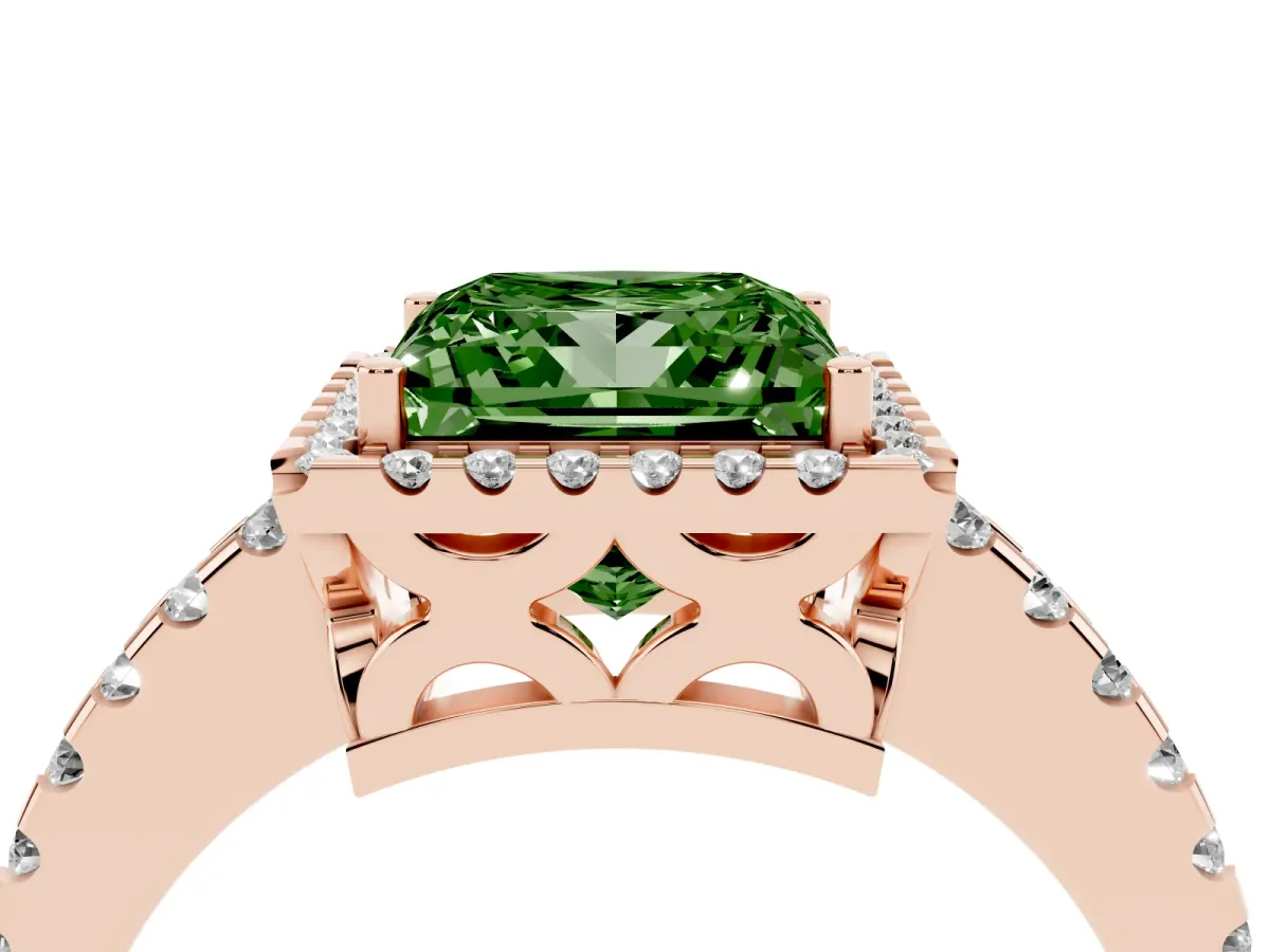 Fancy Green Princess Cut Diamond Halo Engagement Ring with Pavé Band and Prong Setting Rose gold