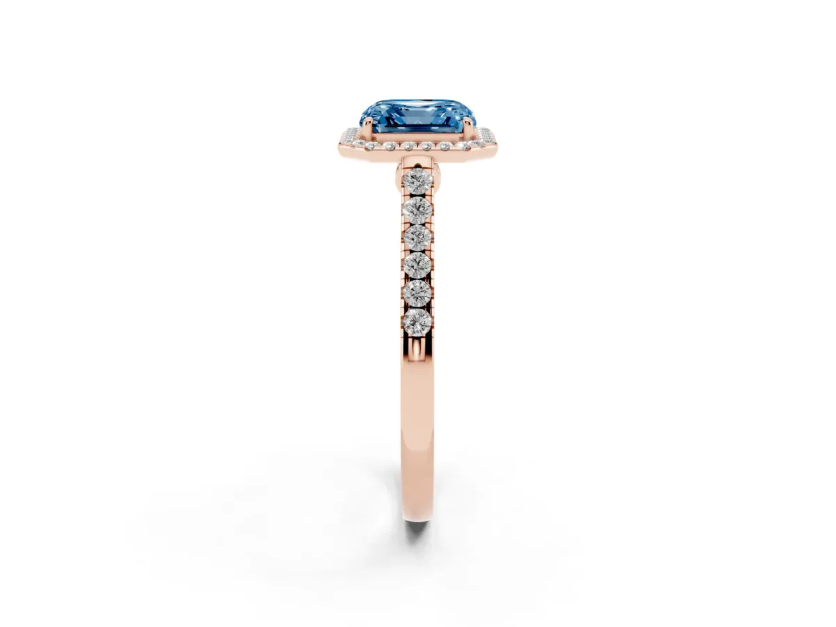 Fancy Blue Asscher Cut Halo Pave Diamond Engagement Ring with Four-Prong Setting Rose gold