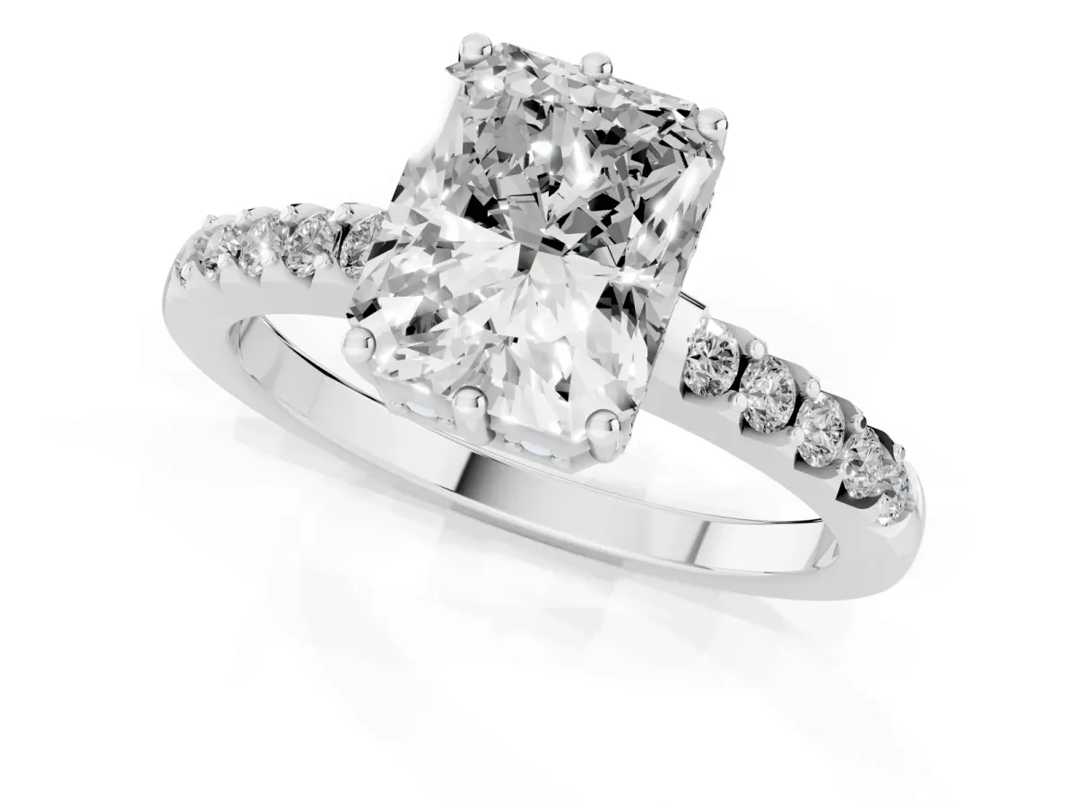 Radiant Cut Solitaire Diamond Engagement Ring with Pavé Band and Six-Prong Setting Silver