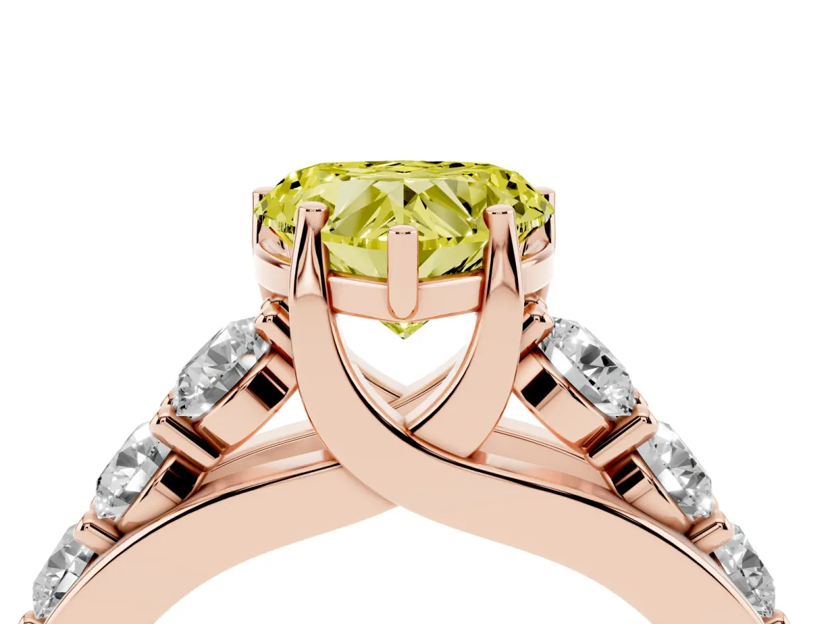 Fancy Yellow Heart Cut Diamond Engagement Ring with Pavé Band and Four-Prong Setting Rose gold
