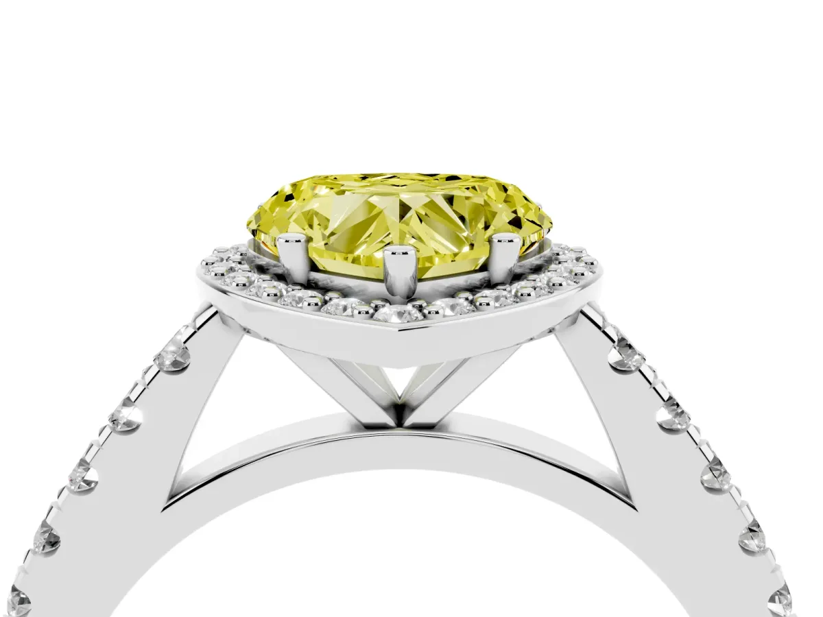 Fancy Yellow Heart Cut Cut Halo Diamond Engagement Ring with Pave Band and Four-Prong Setting Silver
