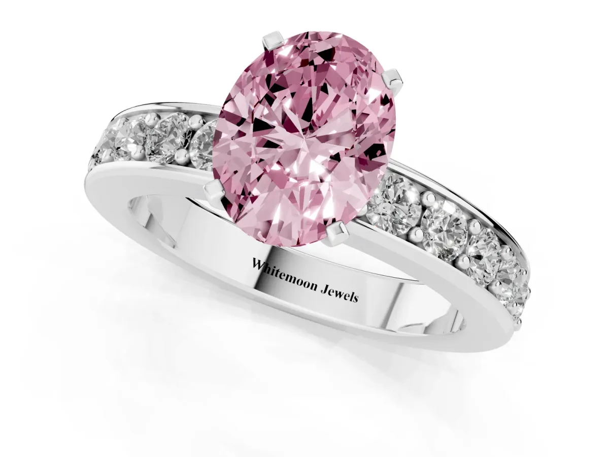 Fancy Pink Oval Cut Diamond Engagement Ring with Channel Set Round Band and Prong Setting Silver