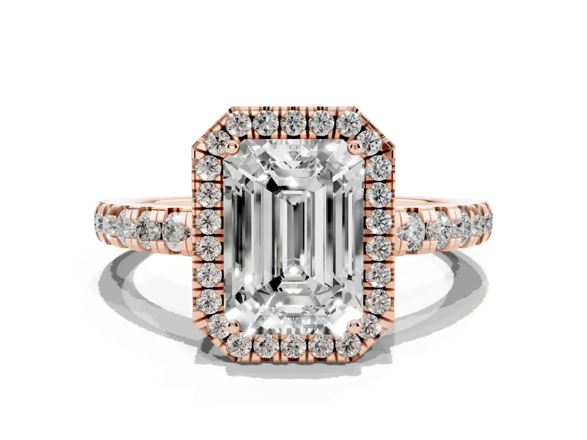 Emerald Cut Diamond Halo Ring with Pavé Band and Four-Prong Setting Rose gold