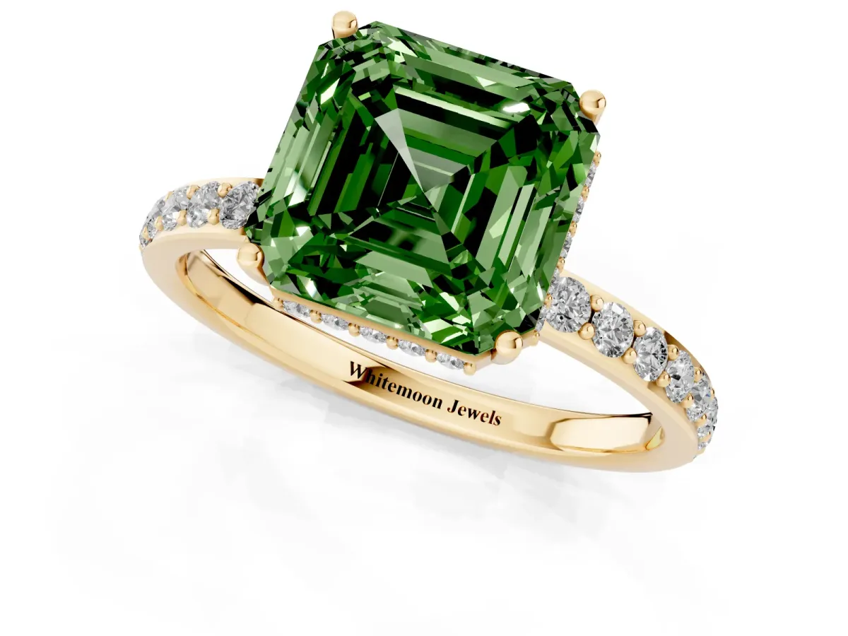Fancy Green Asscher Cut Diamond Solitaire Ring with Pavé Band and Hidden Halo Yellow gold