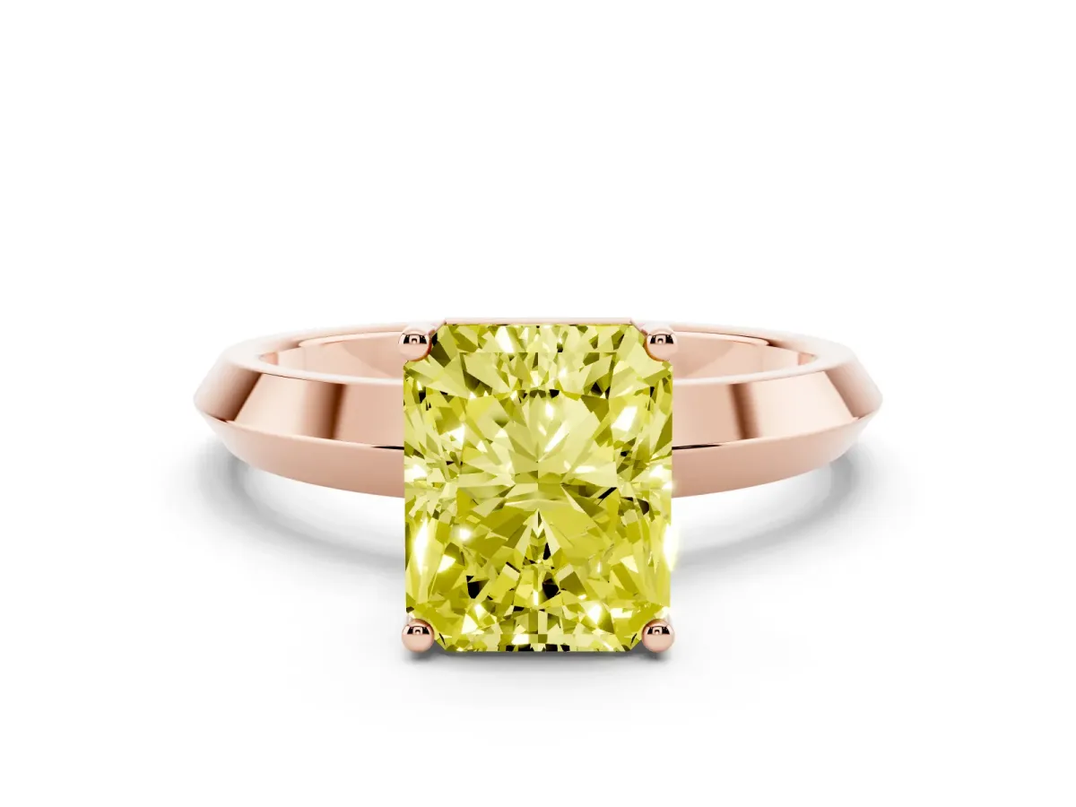 Fancy Yellow Radiant Cut Cut Solitaire Engagement Ring with Flat Band and Four-Prong Setting Rose gold