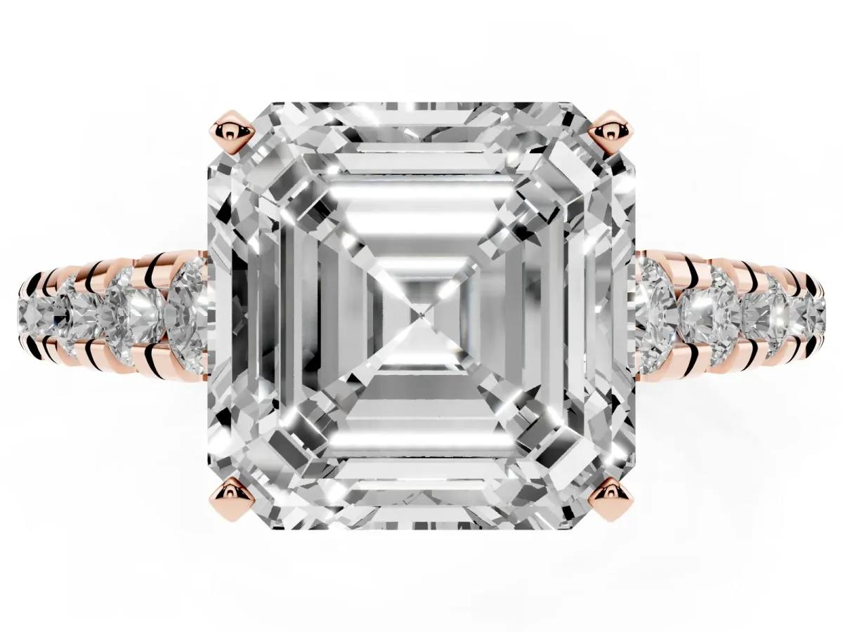 Asscher Cut Diamond Cathedral Solitaire Ring with Round Pavé Band Rose gold