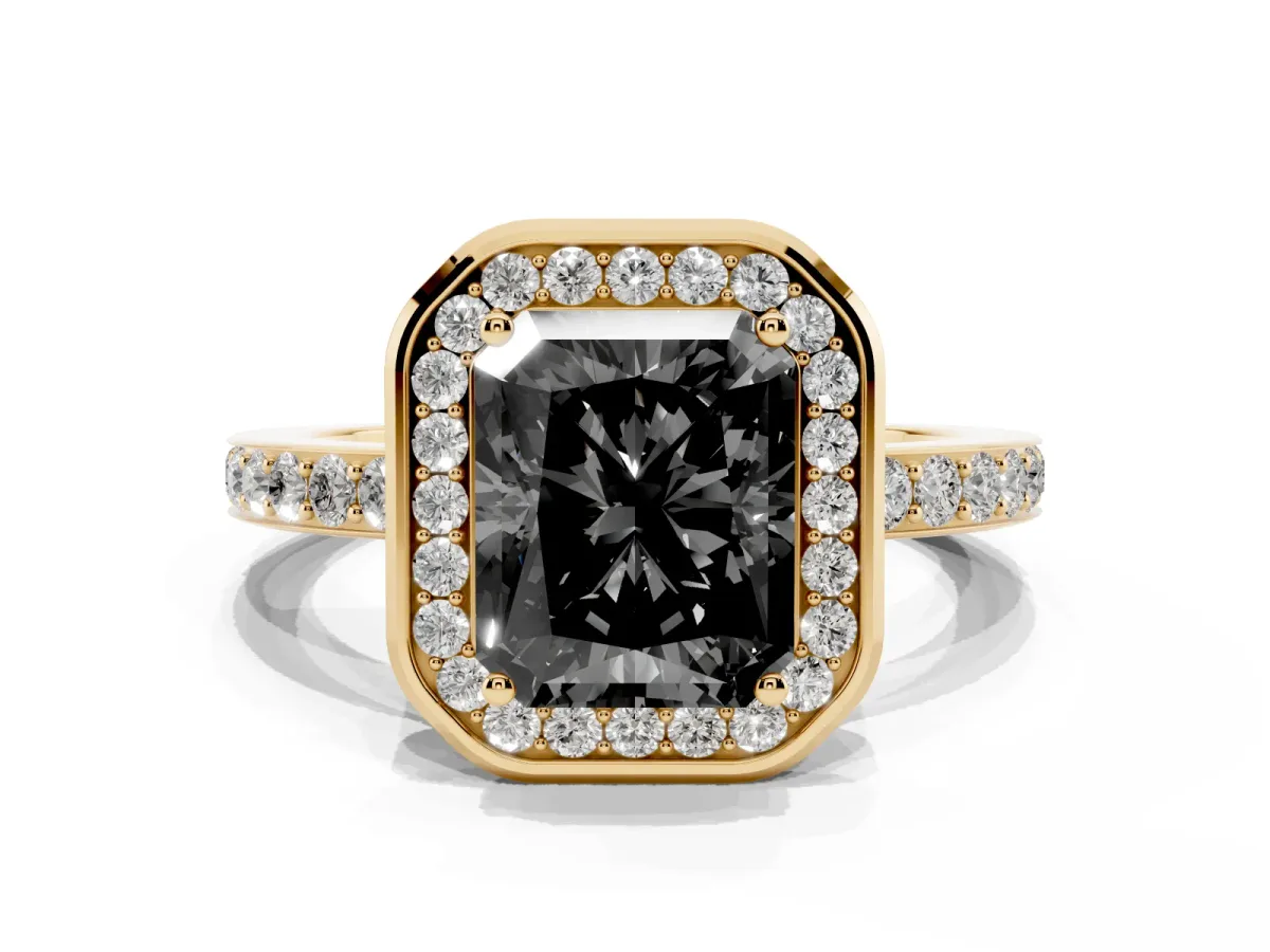 Fancy Black Radiant Cut Diamond Halo Ring with Bezel Frame and Pavé Band Yellow gold