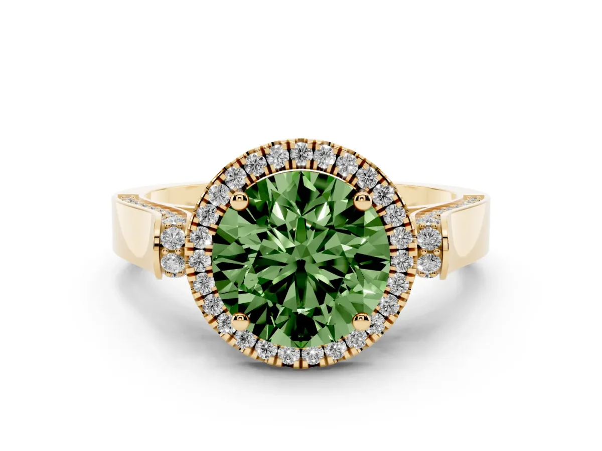 Fancy Green Round Cut Halo Pave Split Shank Prong Setting Ring Yellow gold