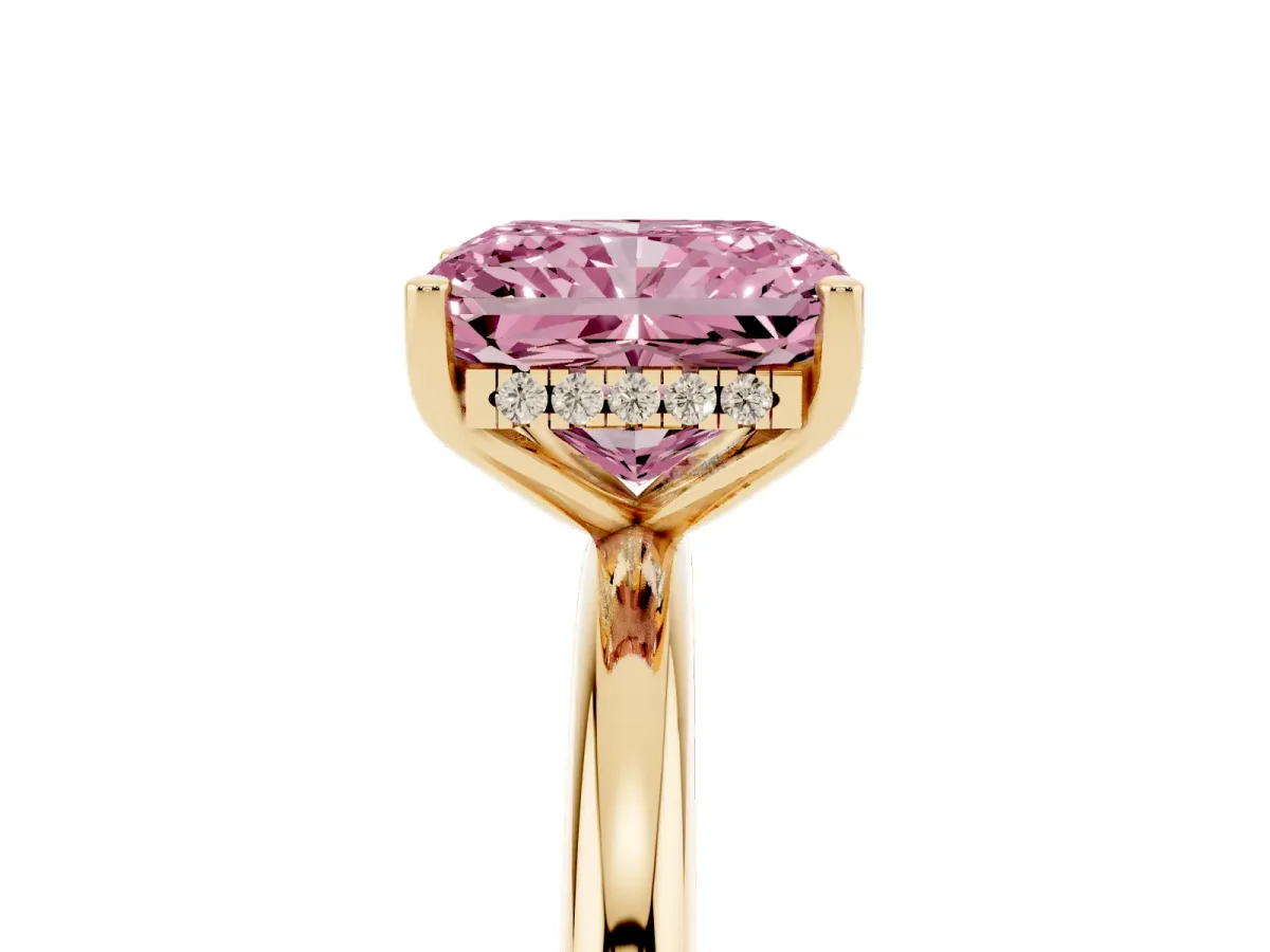 Fancy Pink Radiant Cut Cut Solitaire Engagement Ring with Four-Prong Setting and Classic Band Yellow gold