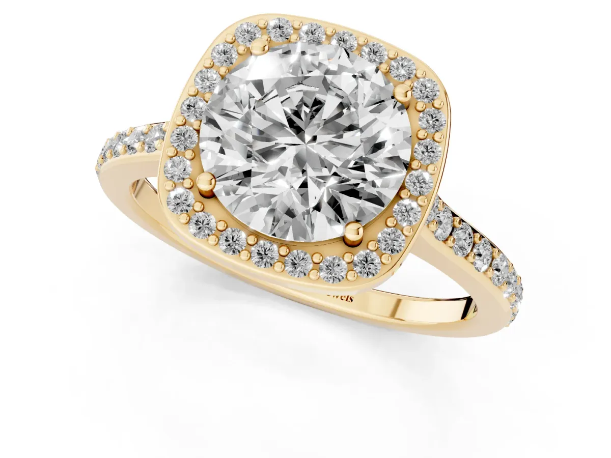 Round Cut Diamond Halo Engagement Ring with Round Pavé Shoulders and Prong Setting Yellow gold