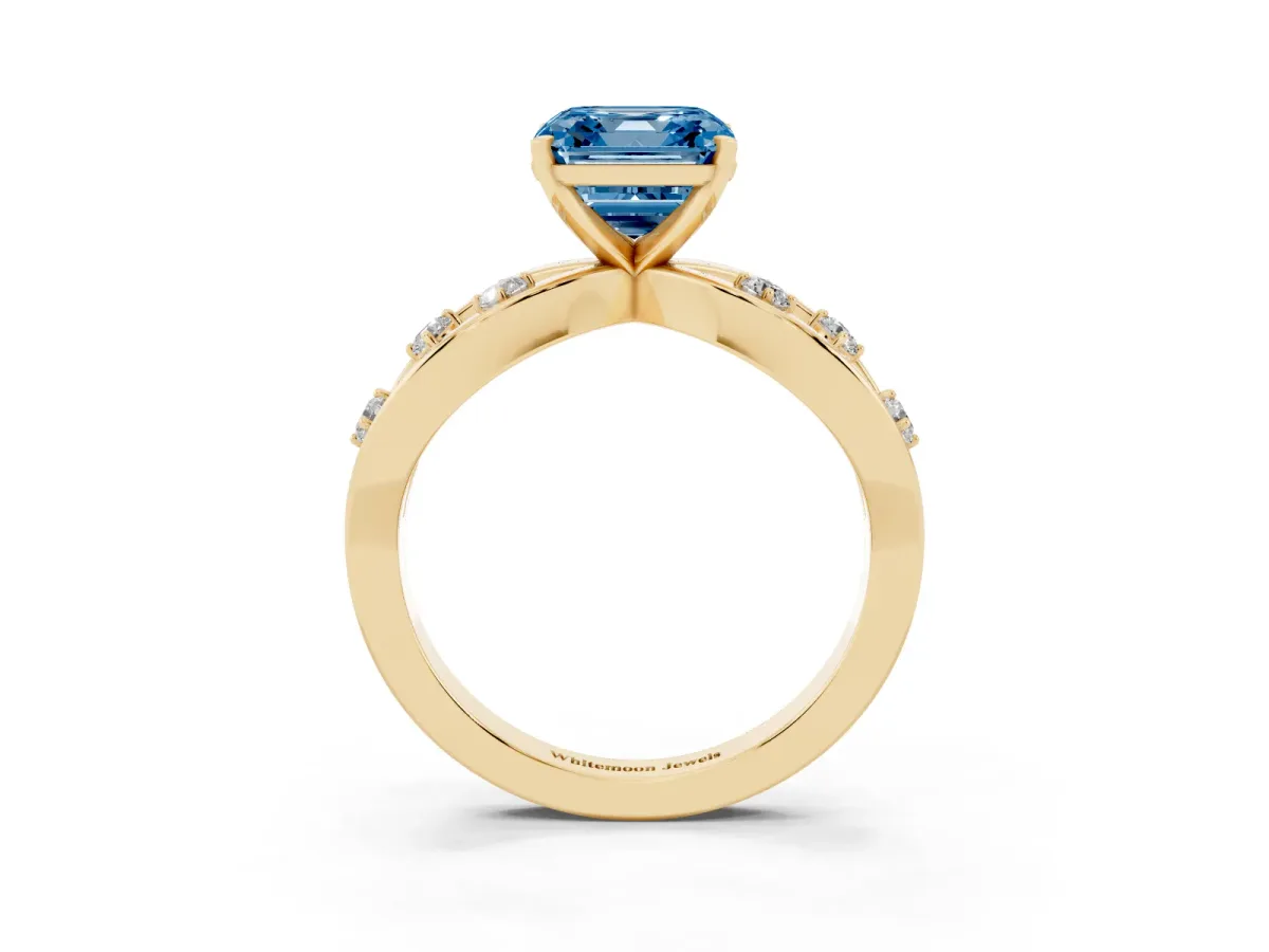 Fancy Blue Asscher Cut Cut Solitaire Diamond with Side Stones on Criss-Cross Band and Four-Prong Setting Yellow gold