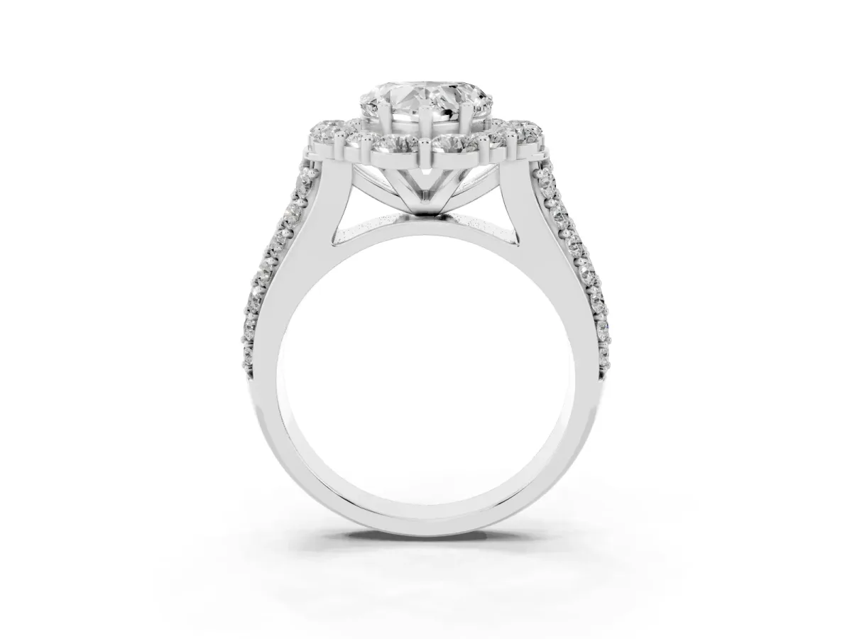 Heart Cut Halo Diamond Engagement Ring with Split Shank and Prong Setting Silver