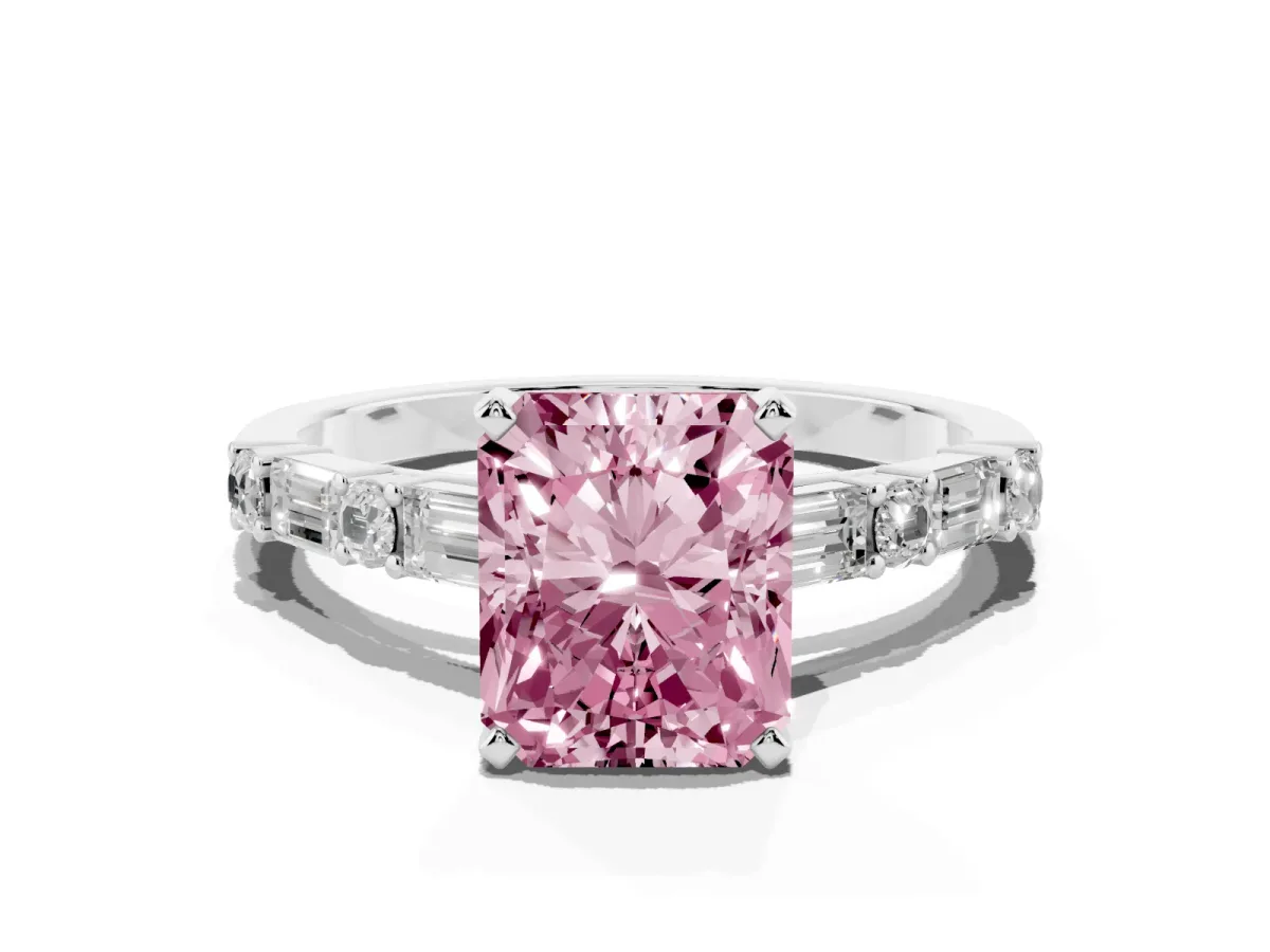 Fancy Pink Radiant Cut Diamond Solitaire with Side Baguettes and Channel Set Band White gold