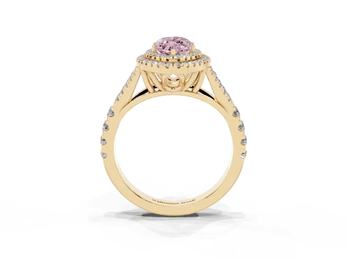 Fancy Pink Marquise Cut Cut Double Halo Split Shank Diamond Ring with Prong Setting Yellow gold