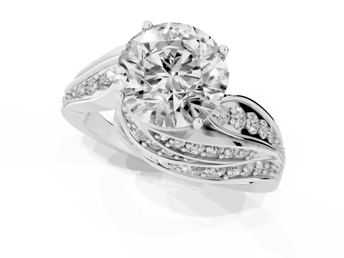 Round Cut Diamond Solitaire Ring with Prong Setting and Twisted Pavé Band Silver
