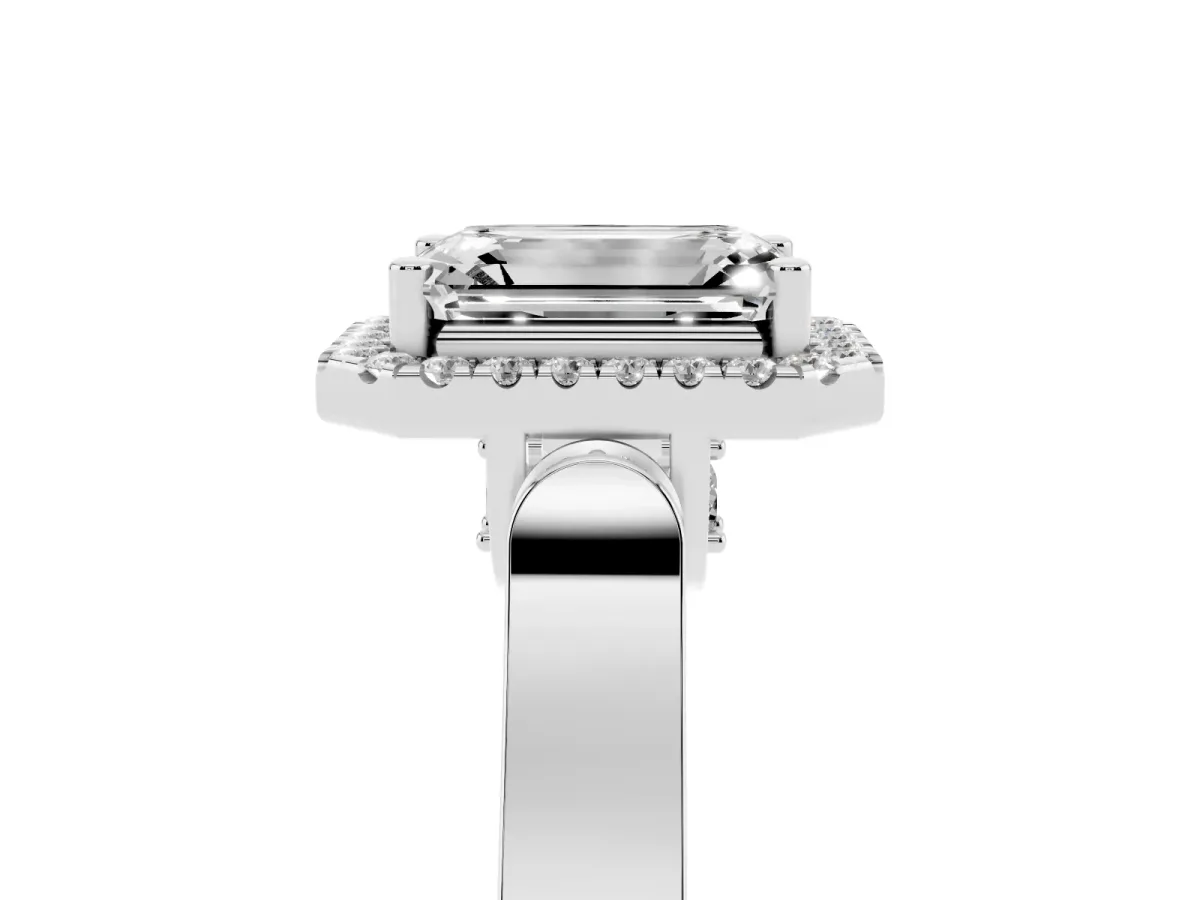 Emerald Cut Halo Pave Split Shank Prong Setting Ring Silver