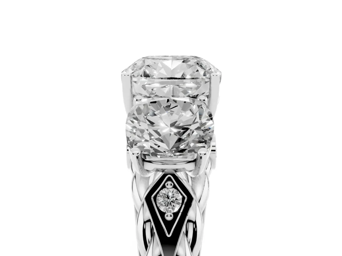 Three-Stone Cushion Cut Diamond Braided Band Ring with Four-Prong Setting Platinum