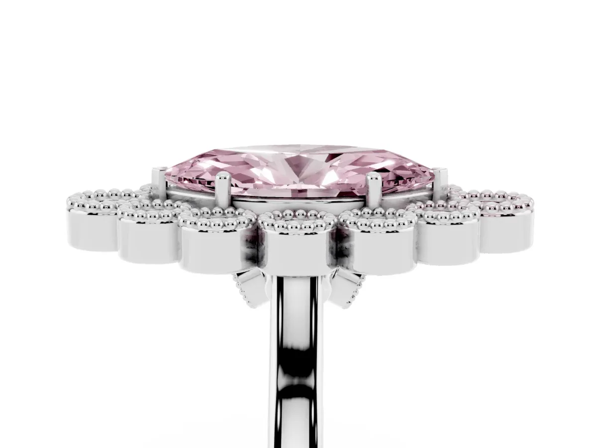 Fancy Pink Marquise Cut Halo Diamond Cluster Engagement Ring with Milgrain Bezel Setting and Solitaire Band White gold