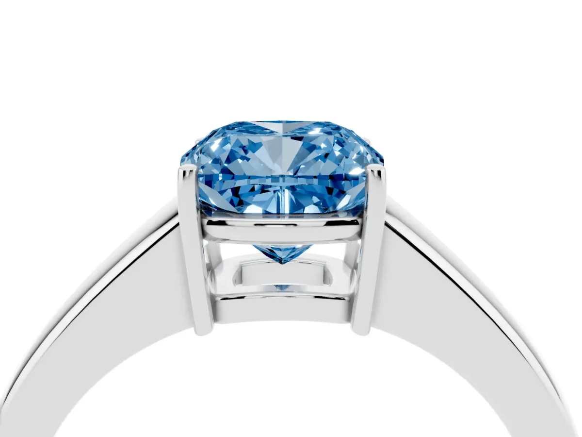 Fancy Blue Cushion Cut Solitaire Diamond Ring with Tapered Band and Four-Prong Setting Platinum
