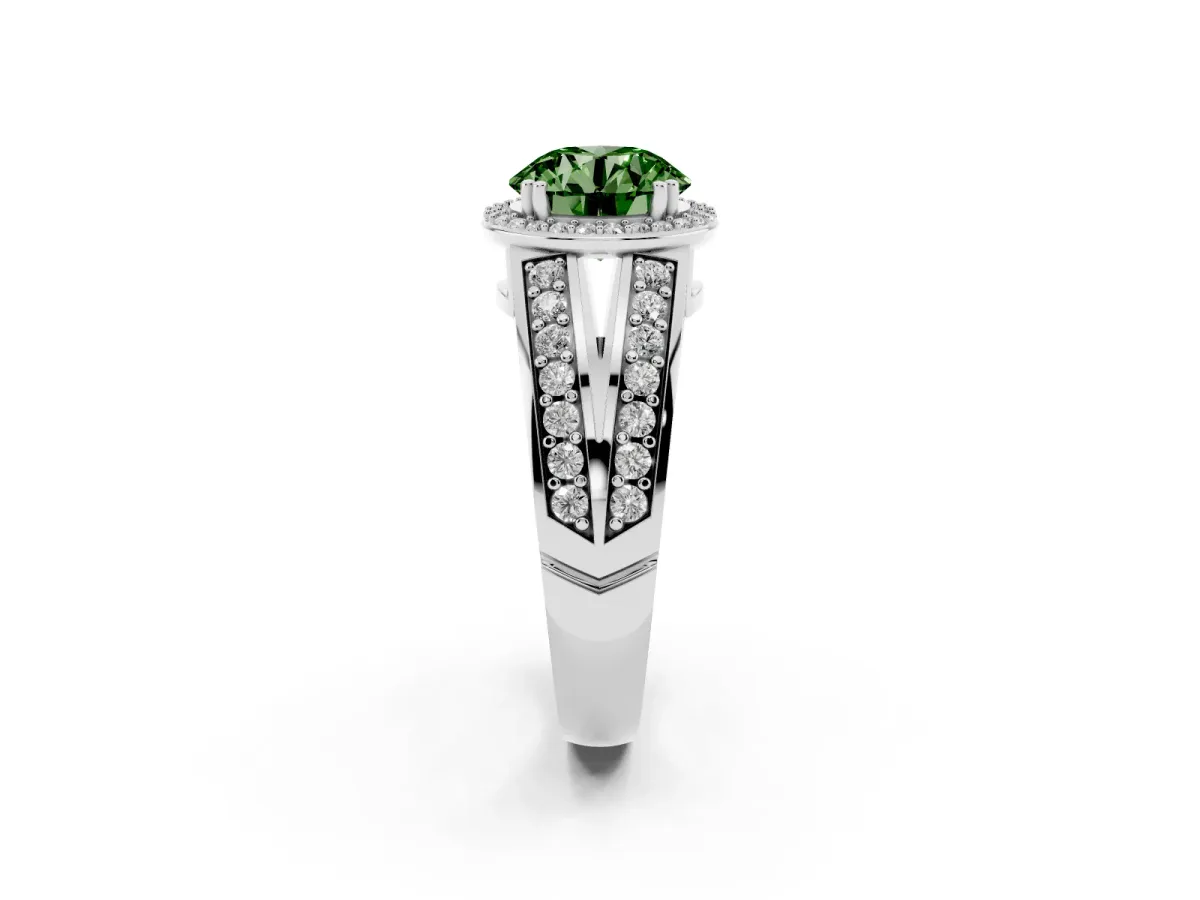 Fancy Green Round Cut Diamond Halo Ring with Split Shank Pavé Band and Four-Prong Setting Platinum