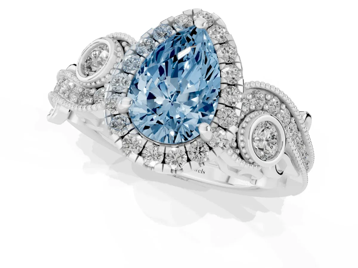 Fancy Blue Pear Cut Halo Diamond Ring with Milgrain and Bezel Accents on a Split Shank Band White gold