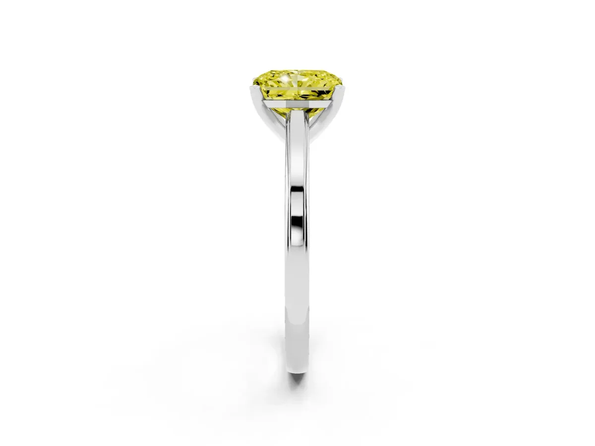 Fancy Yellow Radiant Cut Solitaire Diamond Ring with Four-Prong Setting and Classic Band Silver
