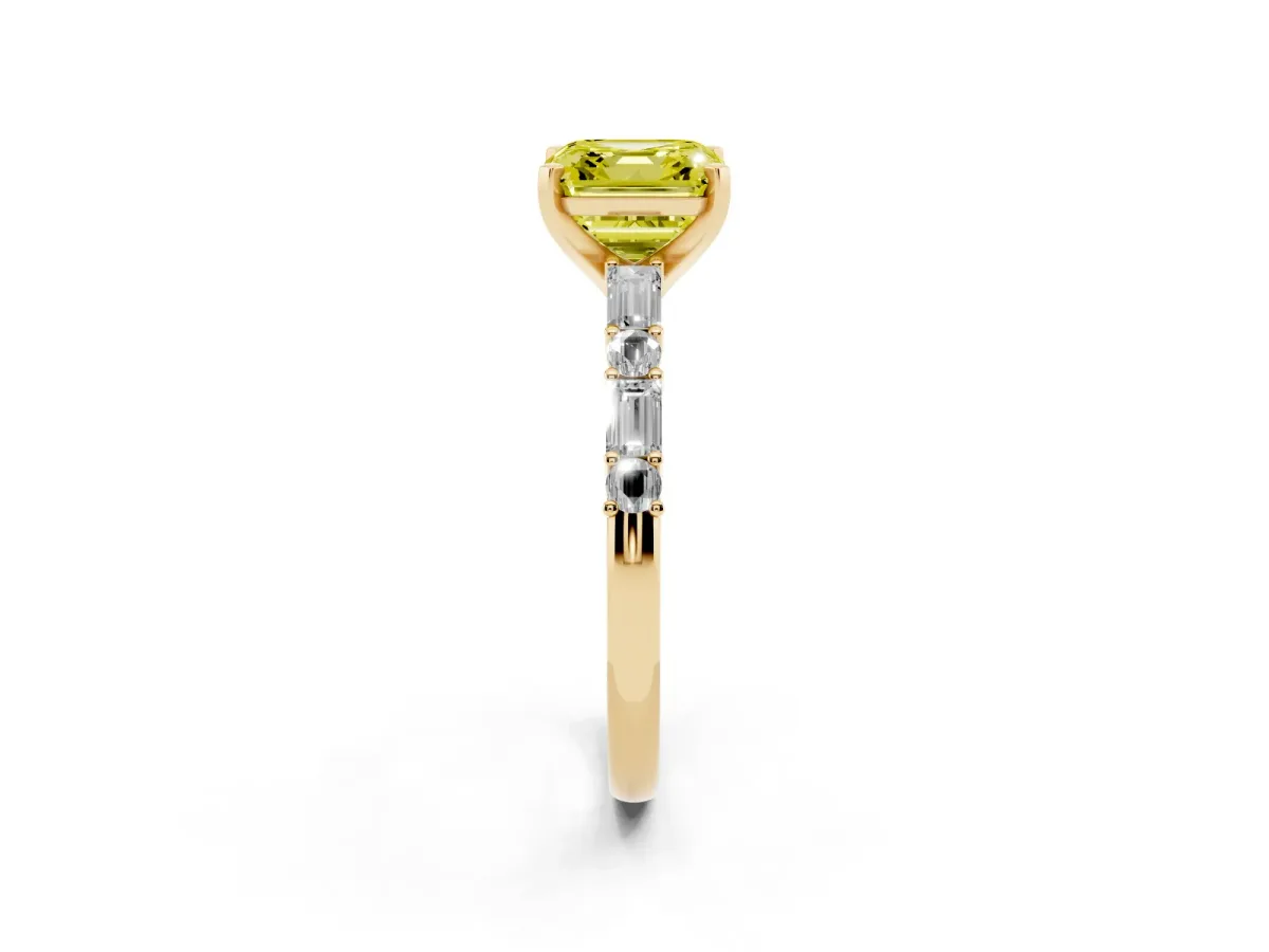 Fancy Yellow Asscher Cut Diamond Solitaire with Side Baguettes and Channel Set Band Yellow gold