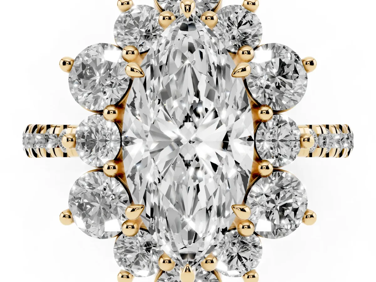 Marquise Cut Diamond Floral Halo Ring with Round Pavé Band and Prong Setting Yellow gold