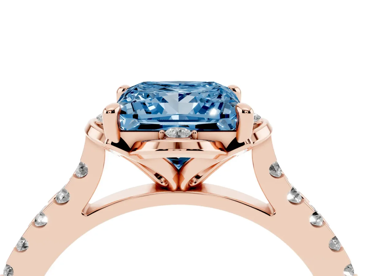 Fancy Blue Princess Cut Diamond Ring with Pavé Band and Floral Prong Setting Rose gold