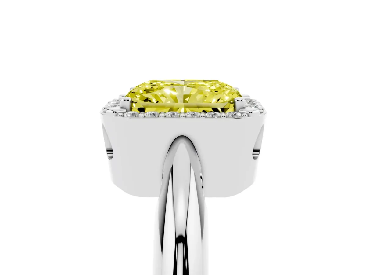 Fancy Yellow Radiant Cut Cut Diamond Halo Engagement Ring with Split Shank and Four-Prong Setting Silver