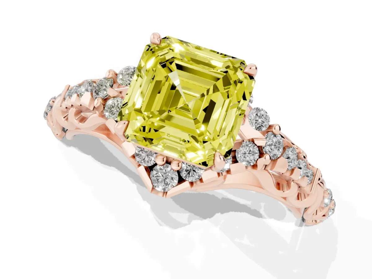 Fancy Yellow Asscher Cut Diamond Solitaire Ring with Hidden Halo and Pavé Band Rose gold