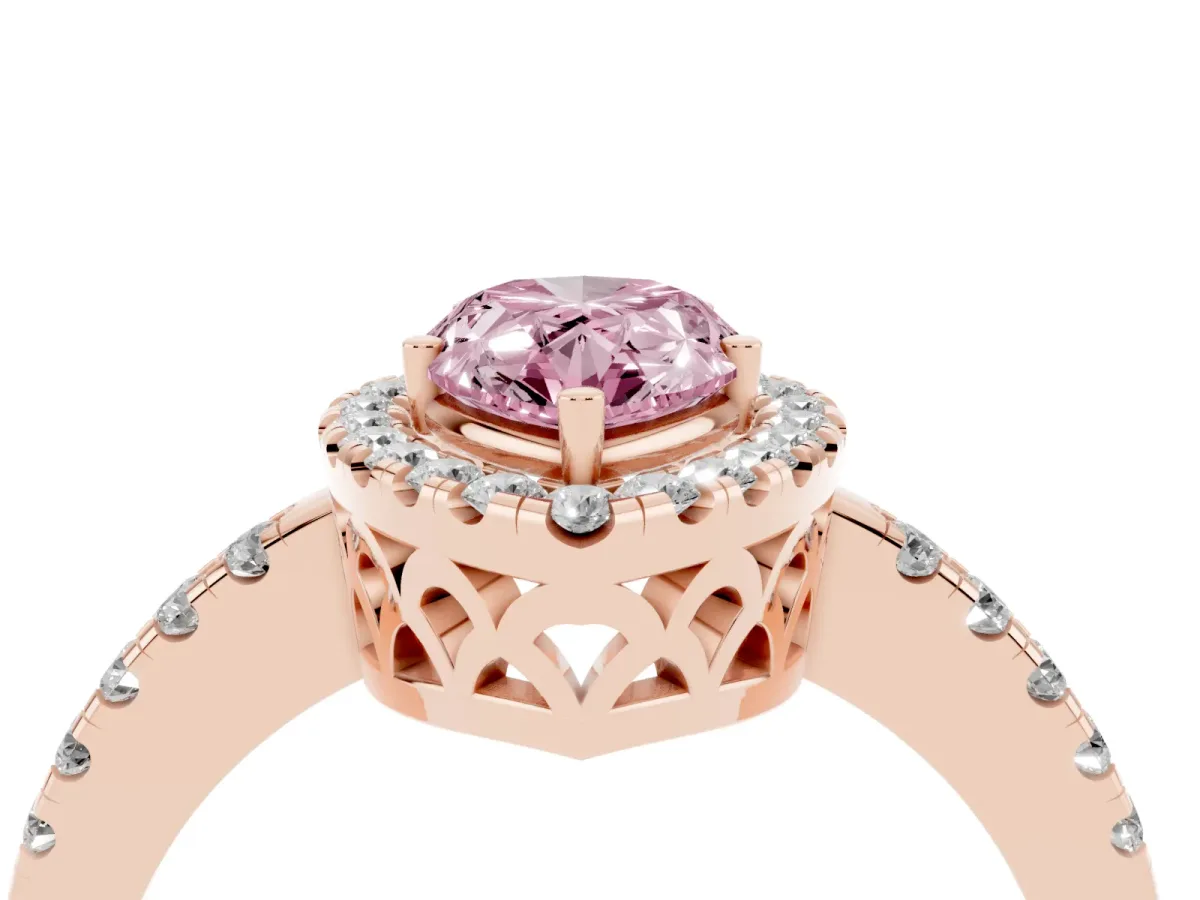 Fancy Pink Pear Cut Halo Diamond Engagement Ring with Pavé Band and Four-Prong Setting Rose gold