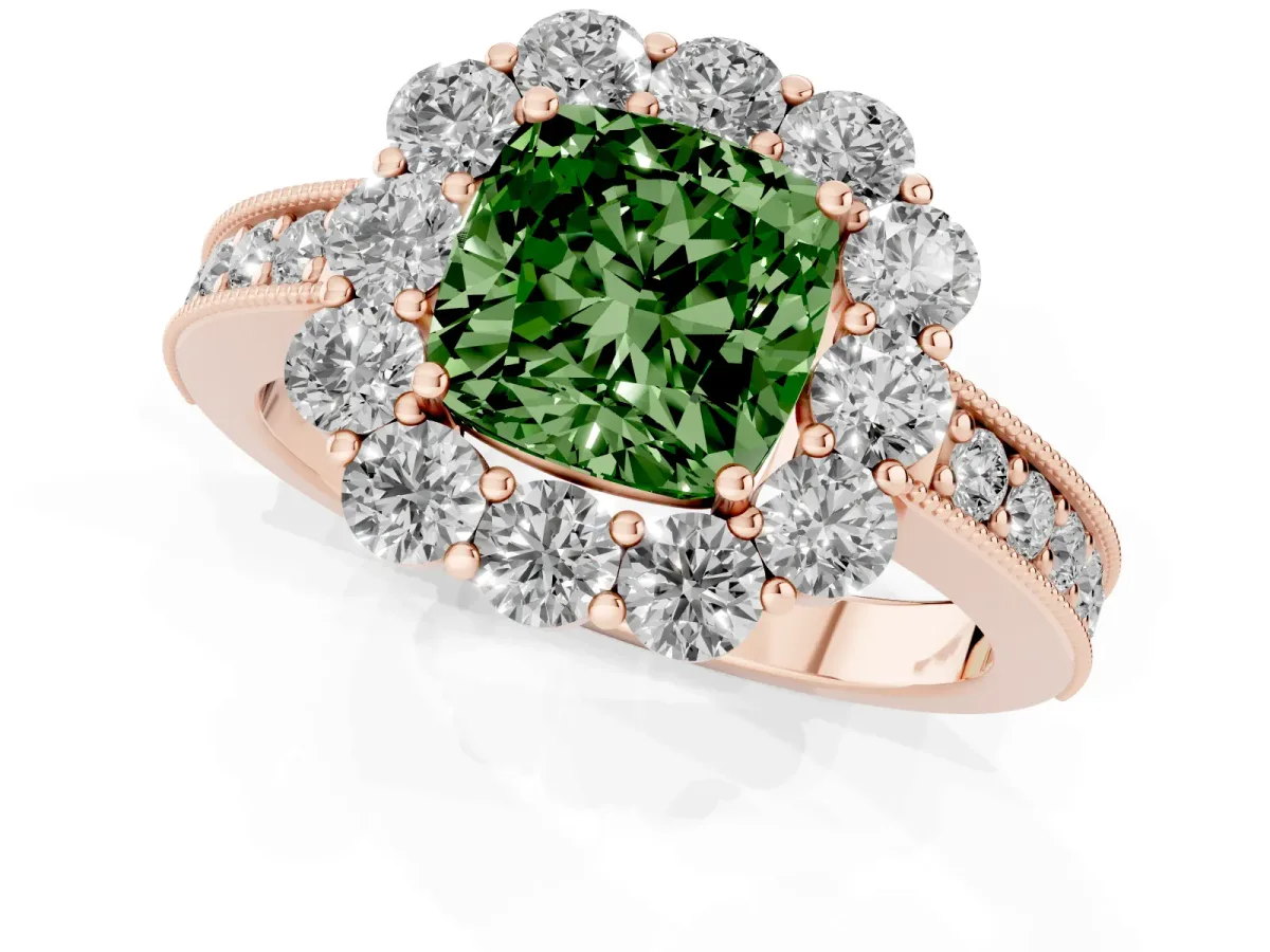 Fancy Green Cushion Cut Cut Halo Diamond Pavé Engagement Ring with Milgrain Detailing Rose gold
