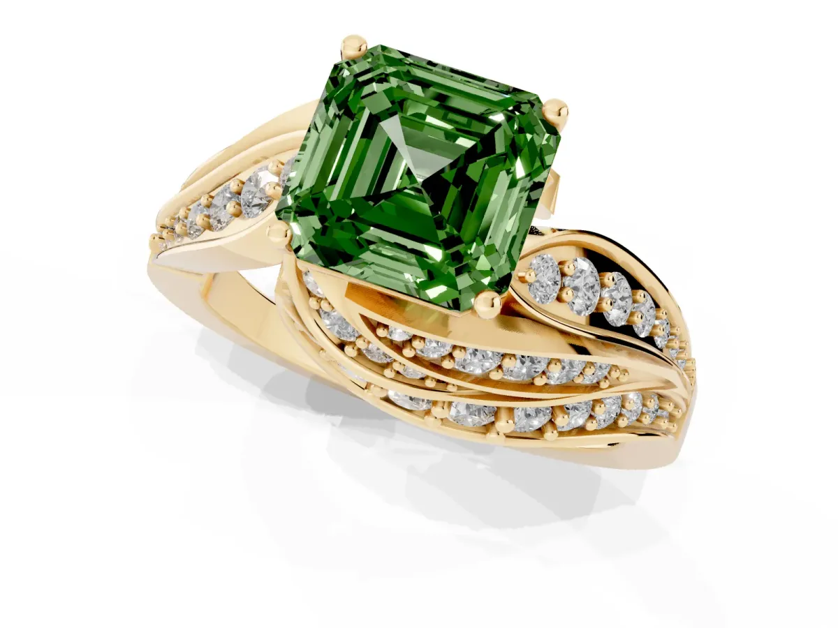 Fancy Green Asscher Cut Diamond Solitaire Ring with Prong Setting and Twisted Pavé Band Yellow gold