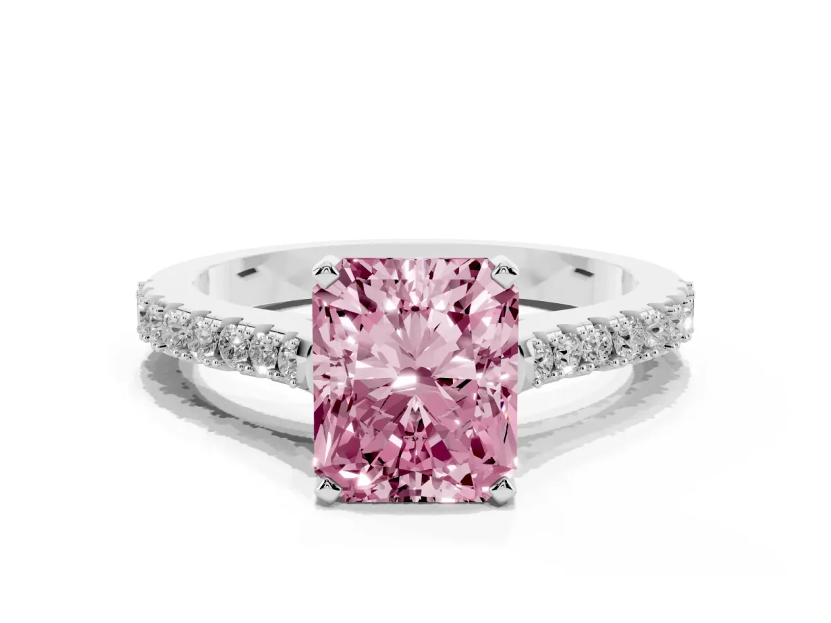 Fancy Pink Radiant Cut Cut Solitaire Diamond Engagement Ring with Pave Band and Four-Prong Setting Platinum