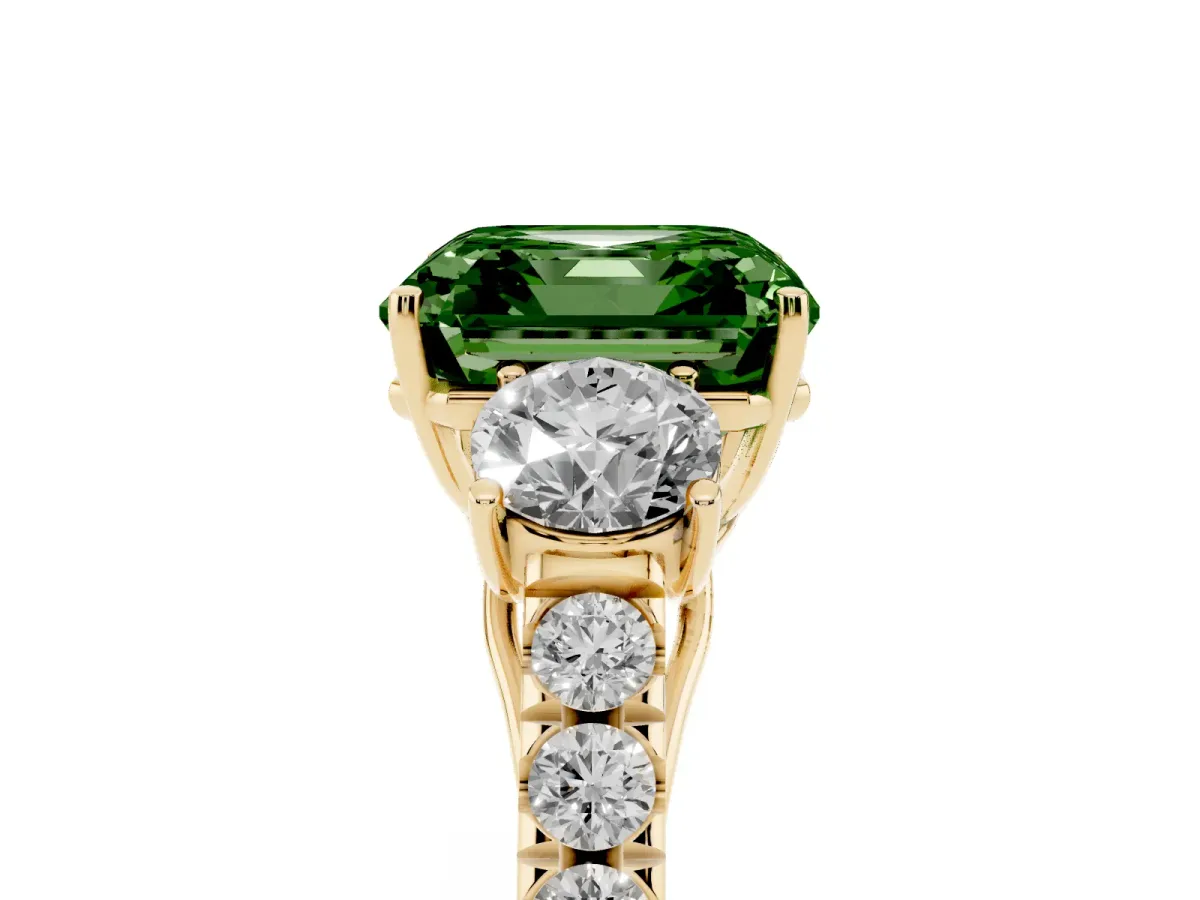 Fancy Green Asscher Cut Cut Diamond Three-Stone Ring with Round Side Stones and Pavé Band Yellow gold