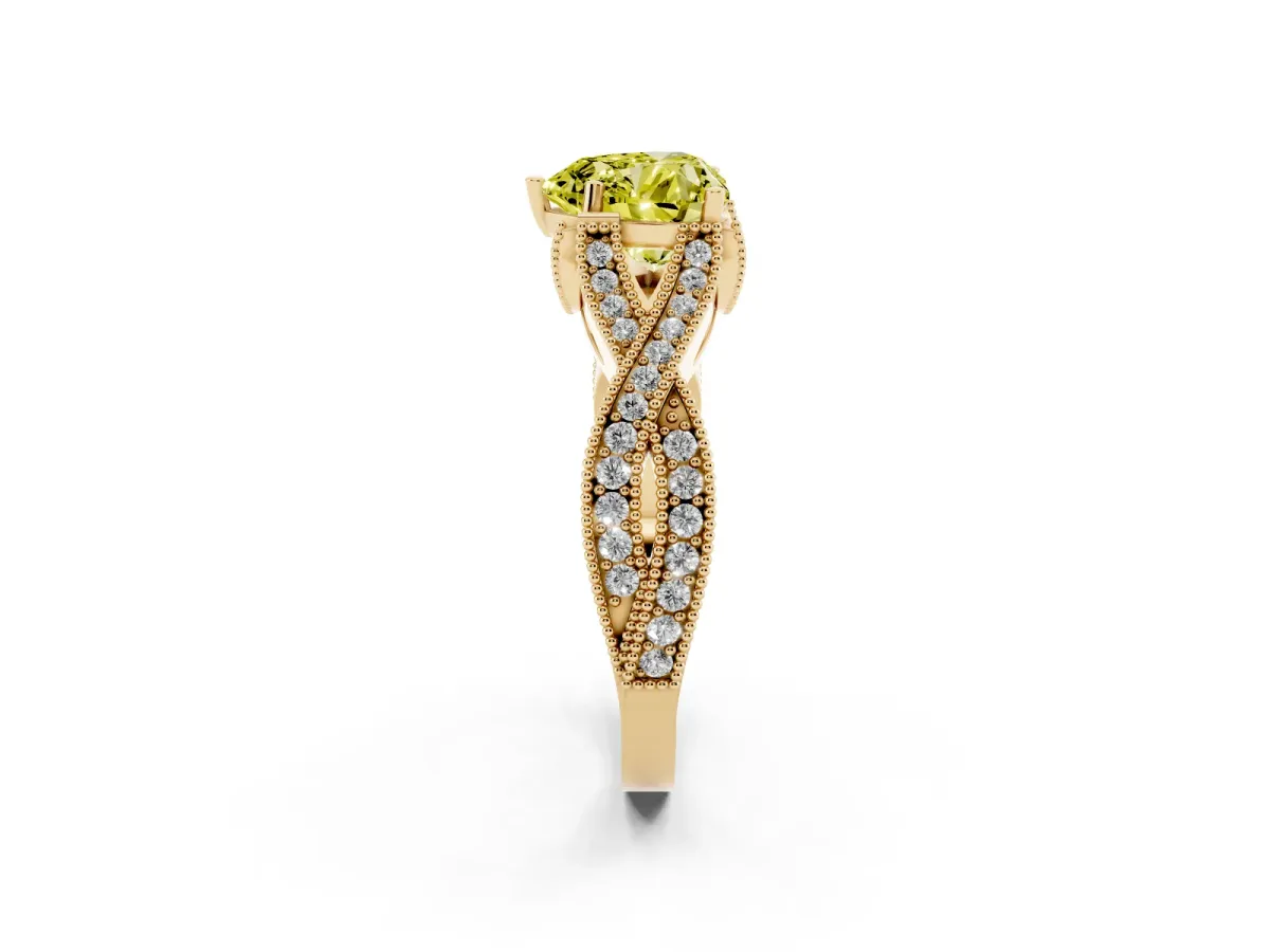 Fancy Yellow Heart Cut Cut Diamond Twisted Band with Milgrain Pave Setting and Four-Prong Setting Yellow gold