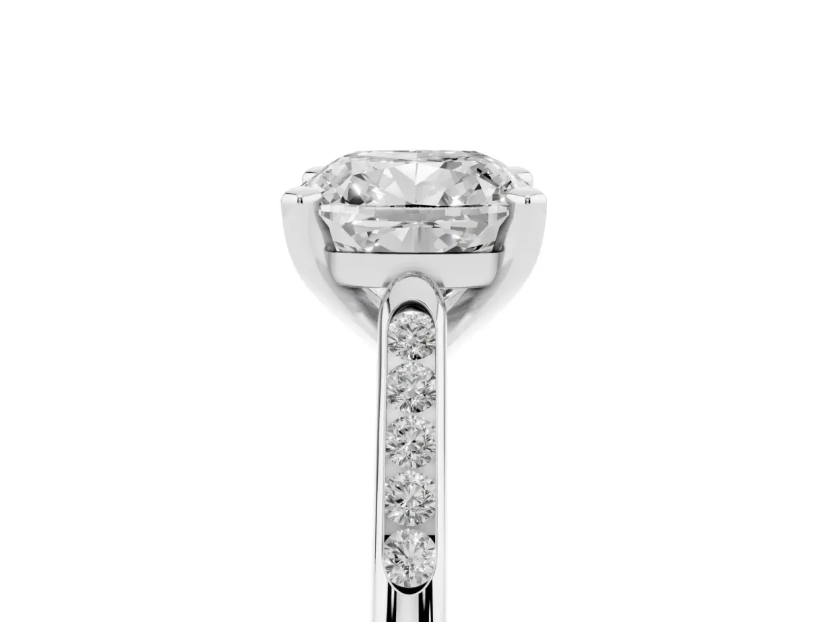 Cushion Cut Diamond Solitaire Ring with Channel Set Round Band and Prong Setting Silver