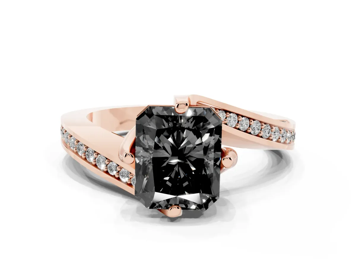 Fancy Black Radiant Cut Solitaire Diamond Twist Band with Pavé Setting and Four-Prong Setting Rose gold